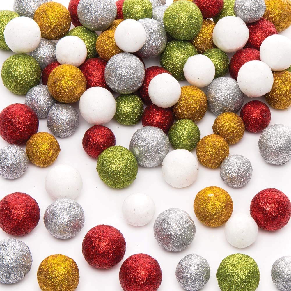 Baker Ross AR824 Christmas Styrofoam Glitter Balls - Pack of 60g, Assorted Sizes Creative Christmas Art And Craft Supplies For Kids To Make And Decorate