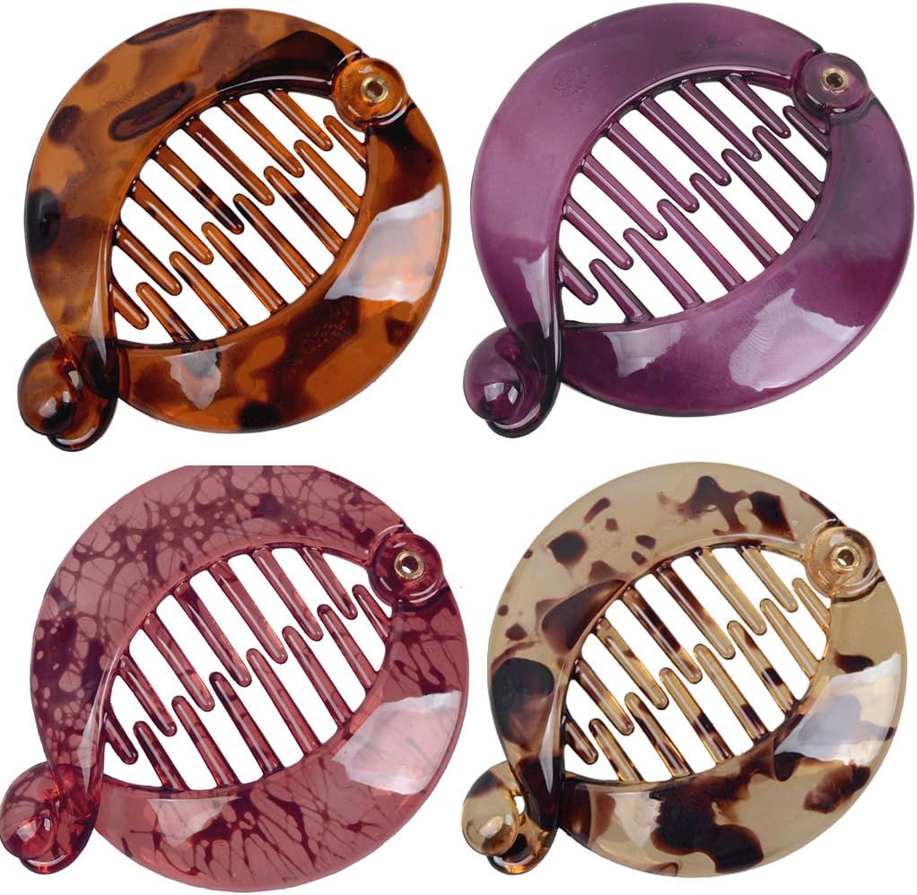 Fodattm 4 PCS French Small Banana Hair Clip Hair Comb Round Ponytail Holder Hair Claw Fashion Interlocking Banana Combs Flat Shark Hair Clincher (Style C#)