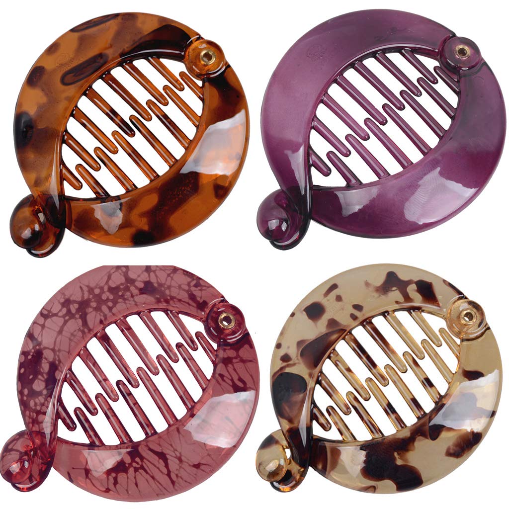Fodattm 4 PCS French Small Banana Hair Clip Hair Comb Round Ponytail Holder Hair Claw Fashion Interlocking Banana Combs Flat Shark Hair Clincher (Style C#)