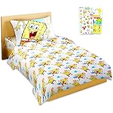 Spongebob Sheet Set - Bundle of Spongebob Bedding Including: Flat Sheet, Fitted Sheet, and Pillowcase for Twin Bed Plus Stickers, More for Kids