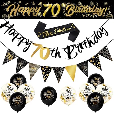 Yontree 70th Birthday Decorations Kit 14 Pieces Gold Black Banner Balloons