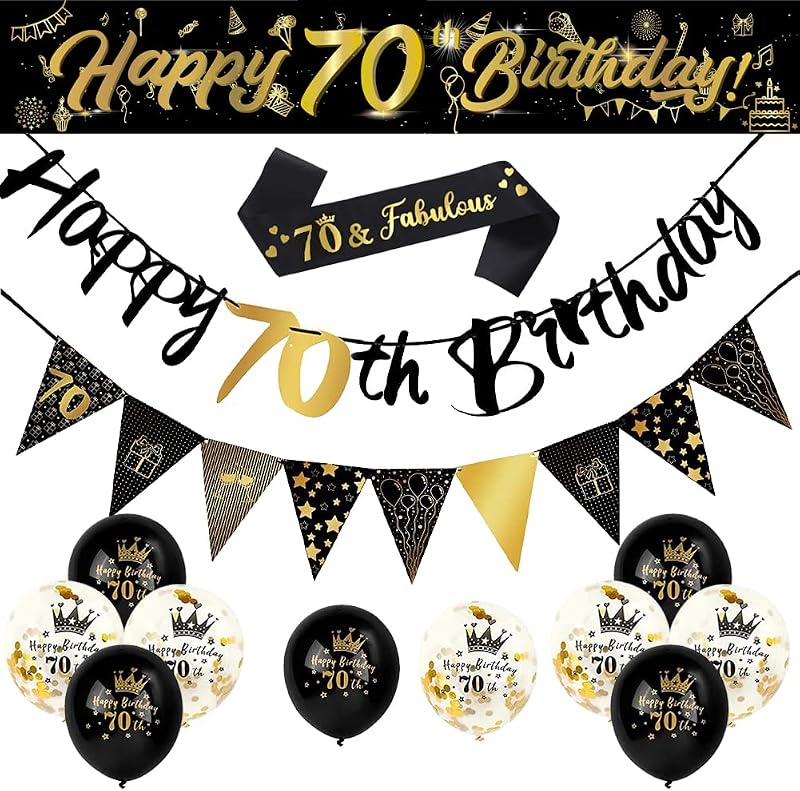 Yontree 70th Birthday Decorations Kit 14 Pieces Gold Black Banner Balloons