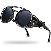 Technigadgets Finnegan Steampunk Retro Sunglasses Men Women with Leather Side Shield Double Bridge Plastic Frame Mens Gift