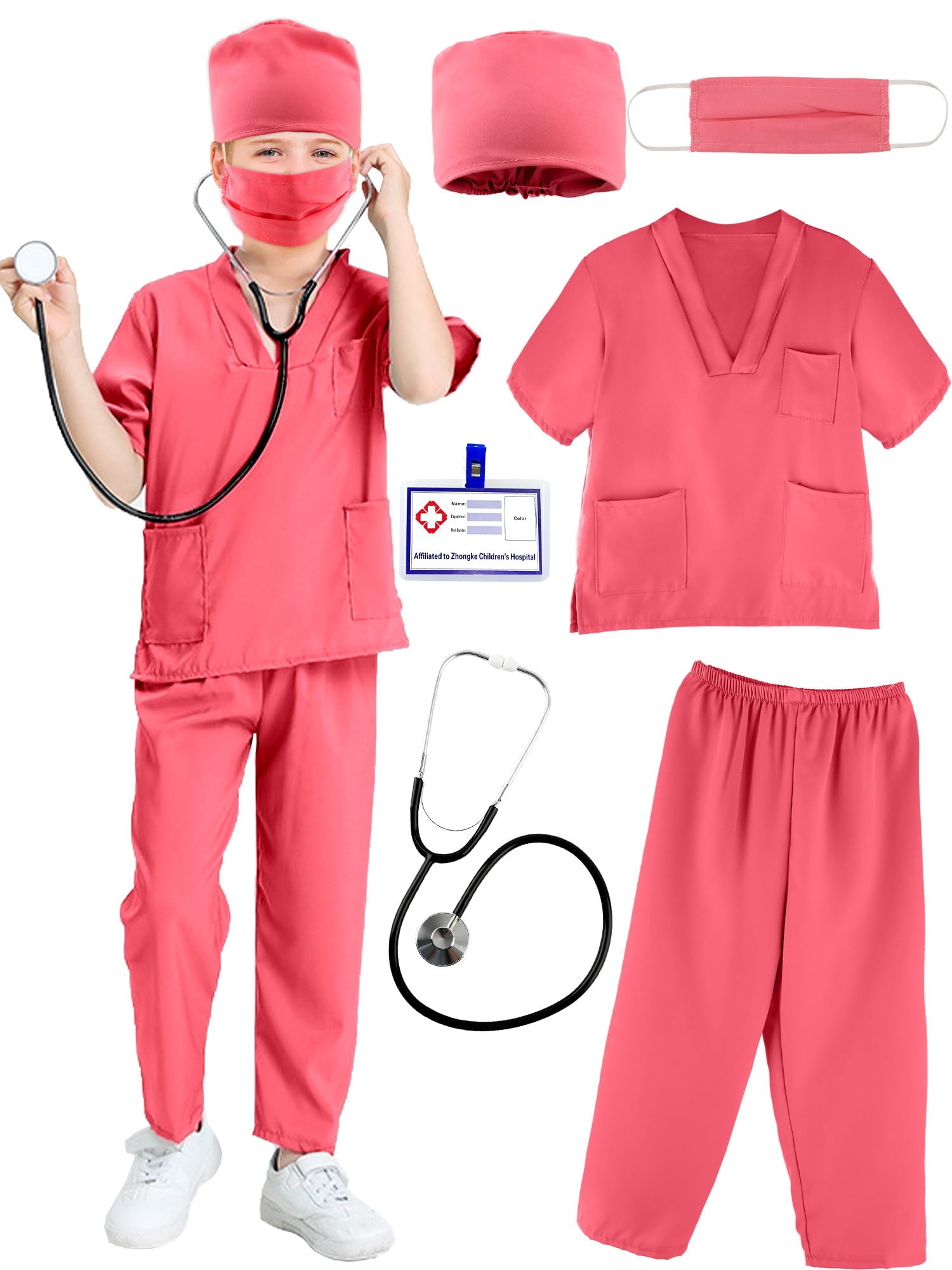Puteraya Kids Doctor Scrubs Costume Set Doctor Surgical Suit Uniform for Boys Girls Dress Up Halloween Cosplay (Pink, 10-12 Years(150-160cm))