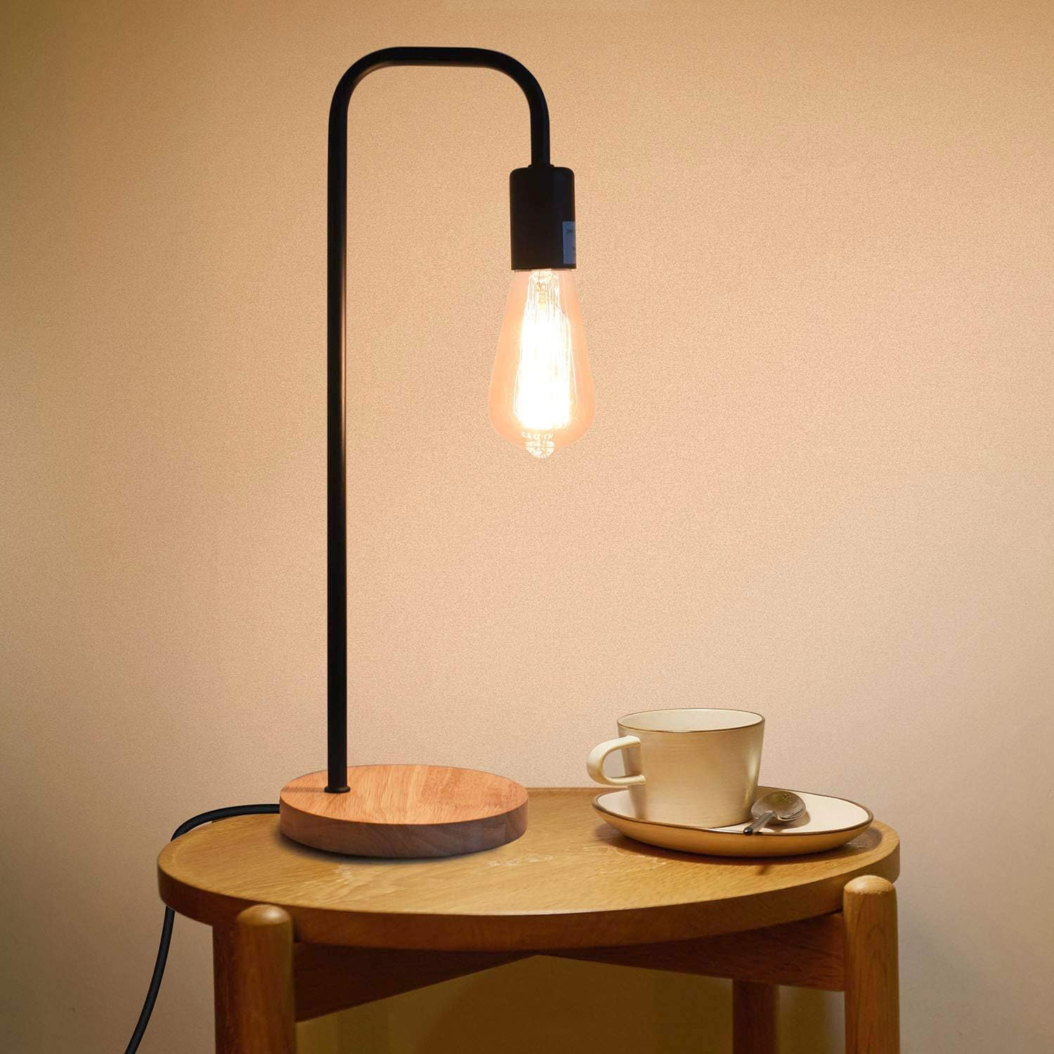 Desk Lamp with Wooden Base - Vintage and Minimalist, Industrial Table Lamp for Office, Bedroom,Living Room (Vintage Black)