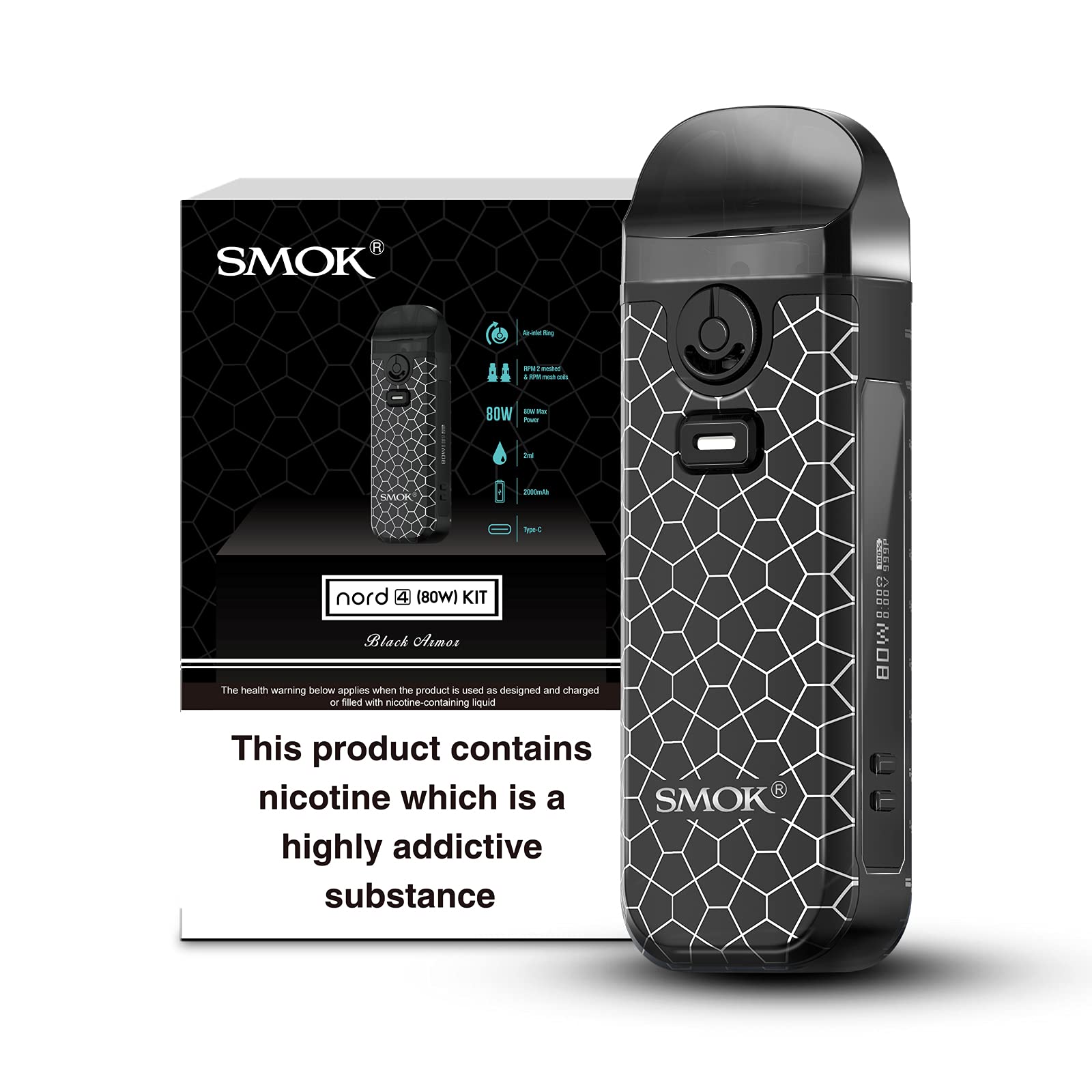 SMOK Nord 4 Vape Kit Black Armor 2000mAh Rechargeable Beginner Friendly E Cigarette Mod Compatible RPM and RPM2 Coils 2ml Tank No Nicotine