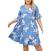 Celkuser Plus Size Summer Midi Casual Ruffle Short Sleeve Dress Lightweight Flowy Babydoll Beach Dress for Women with Pocket