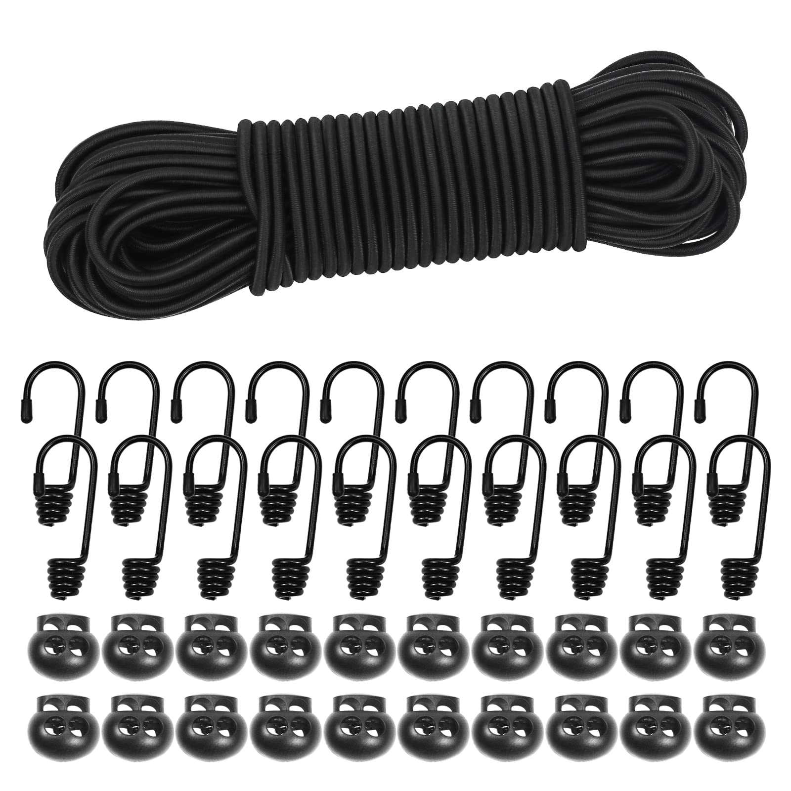 Dondeen Elastic Cord, Shock Cord Heavy Duty Elasticated Shock Cord Black Bungee Cords with Hooks and Spring Cord Lock for Caravan Cargo Craft Rack (5mm x 20M, Black) — image 1