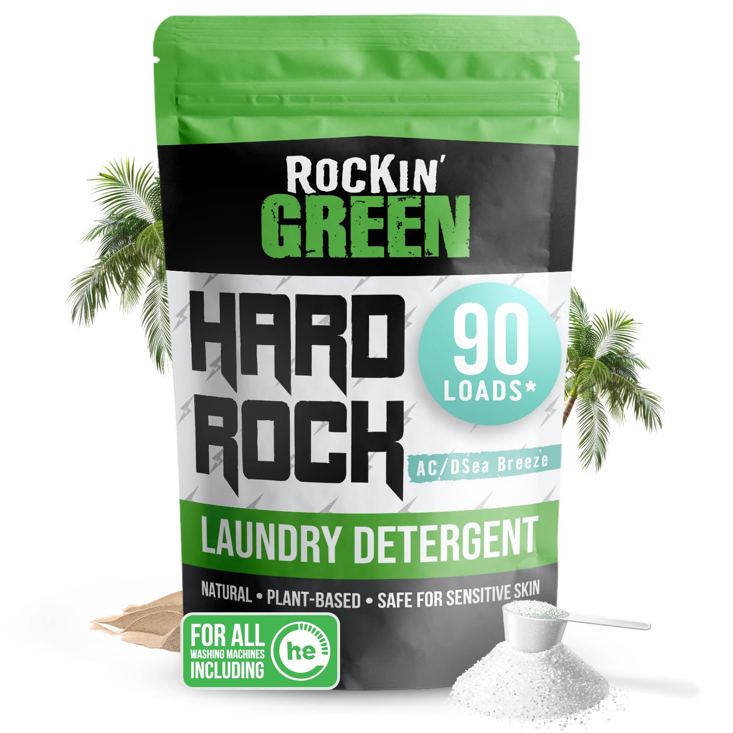 Rockin' Green | Hard Rock Natural Laundry Detergent Powder | AC/DSea Breeze | 45oz / 90 Loads - Perfect for Baby Clothes