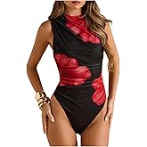 Milumia Women's Tie Dye Mesh Bodysuits Sleeveless Mock Neck Ruched Body Suit