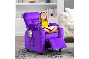 MOOITZ Kids Recliner, Toddlers Kids Recliner Chair with Cup Holder, Ergonomic Adjustable Velvet Lounge Chair with Footrest & Side Pockets, Toddlers Baby Sofa for Boys Girls Bedroom (Purple)