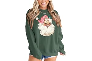 MAPICK Retro Santa Sweatshirt for Women Vintage Christmas Fleece Linend Sweaters Crewneck Oversized Long Sleeve Tops