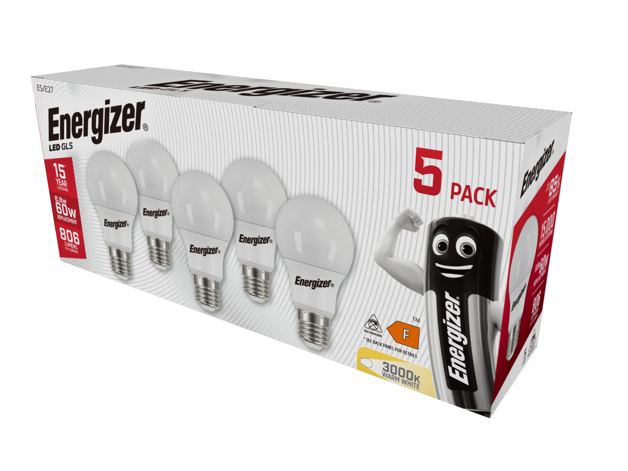 Energizer GLS E27 LED Bulb Warm White E27 Screw Bulb Equivalent of 60W Incandescent. Perfect for Replacing Large Edison Screw in Light Bulb Pack of 5 — image 1