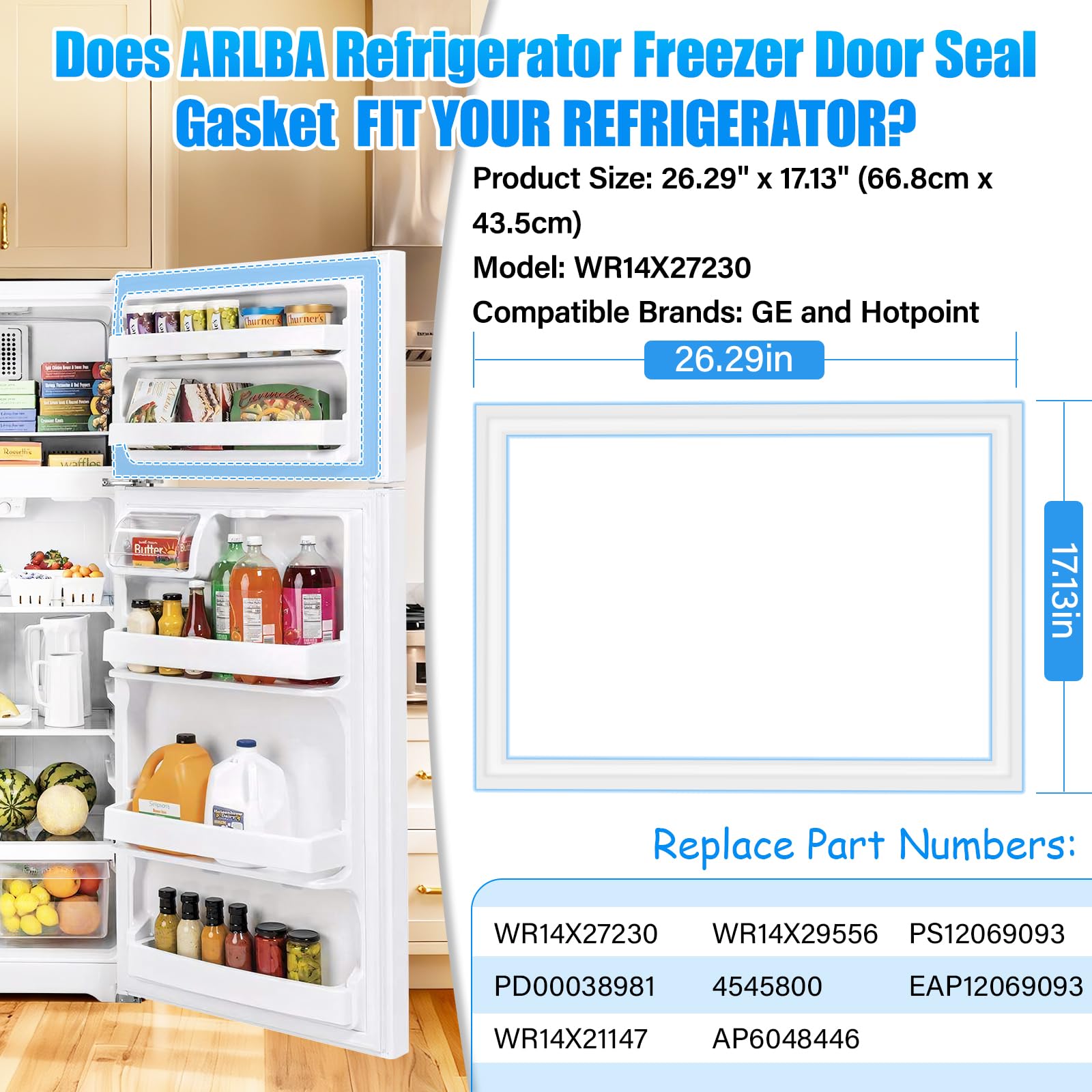 Condition photo showing New/Like New for upgraded 26.3" x 17.13" wr14x27230 refrigerator freezer door gasket replacement compatible with refrigerator freezer door seal fridge part wr14x21147 wr14x29556 ps12069093 ap6048446 4545800 white