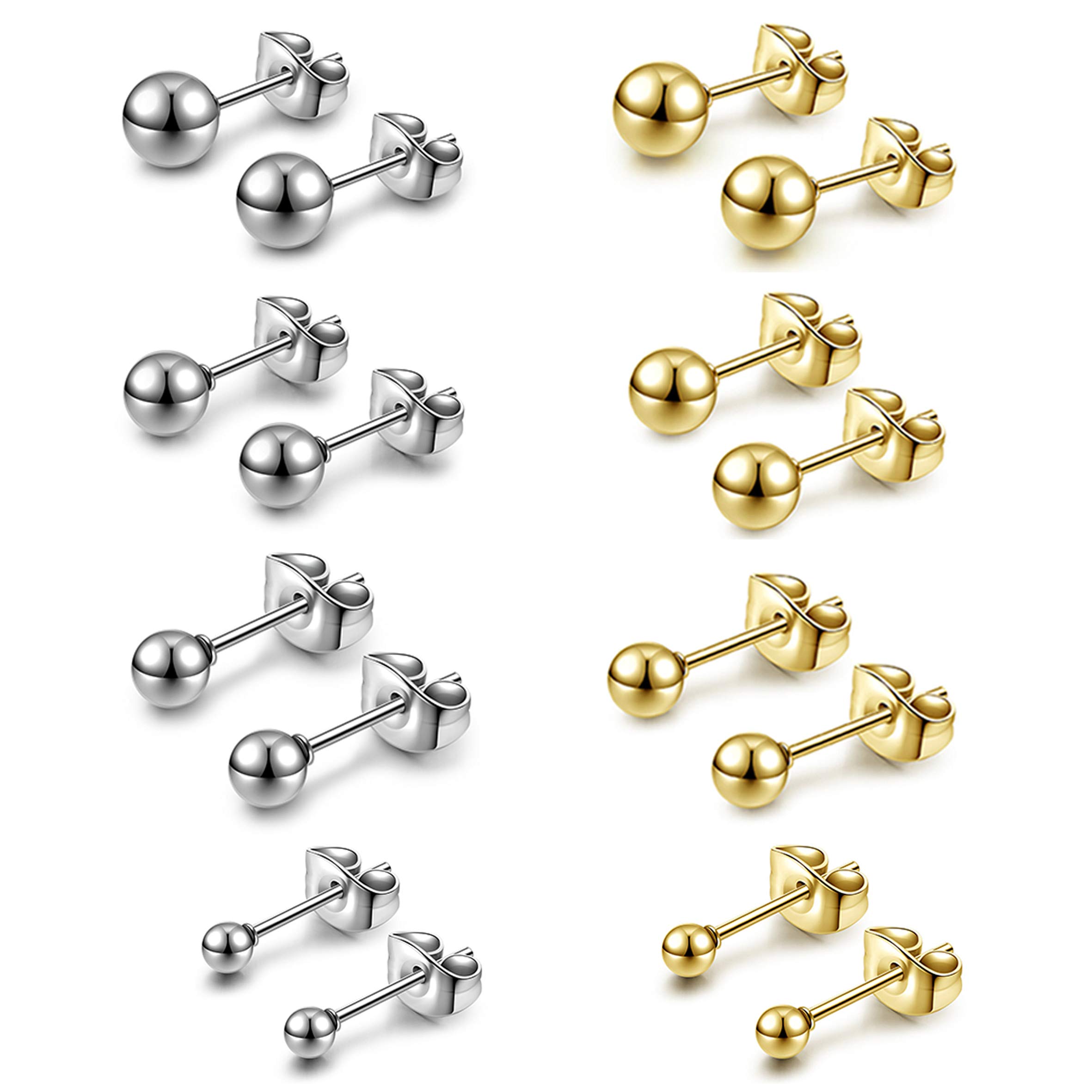 Allerpierce 8 Pairs Silver Gold Ball Earrings Studs Pack Stainless Steel Round Ball Stud Earrings for Women Men 3-6mm
