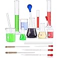 18 Pieces Lab Glassware Set Beaker Flask Cylinder Set Includes 3 Glass Beakers 3 Erlenmeyer Flasks 3 Graduated Measuring Cylinders with Droppers Brushes and Glass Stirring Rod for Lab Experiment