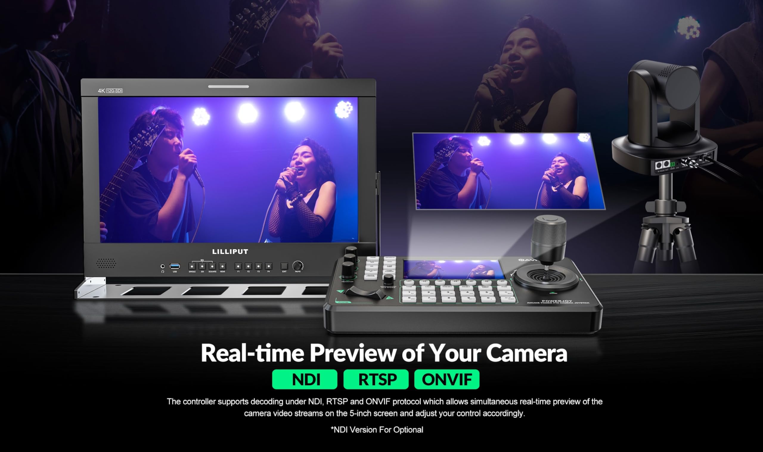 AVKANS PowerJoy PTZ Camera Joystick Controller, IP NDI PTZ Camera Controller Keyboard with 4D Joystick for Worship Church Live Streaming, NDI License Included (PTZ Controller with 5 inch Screen)