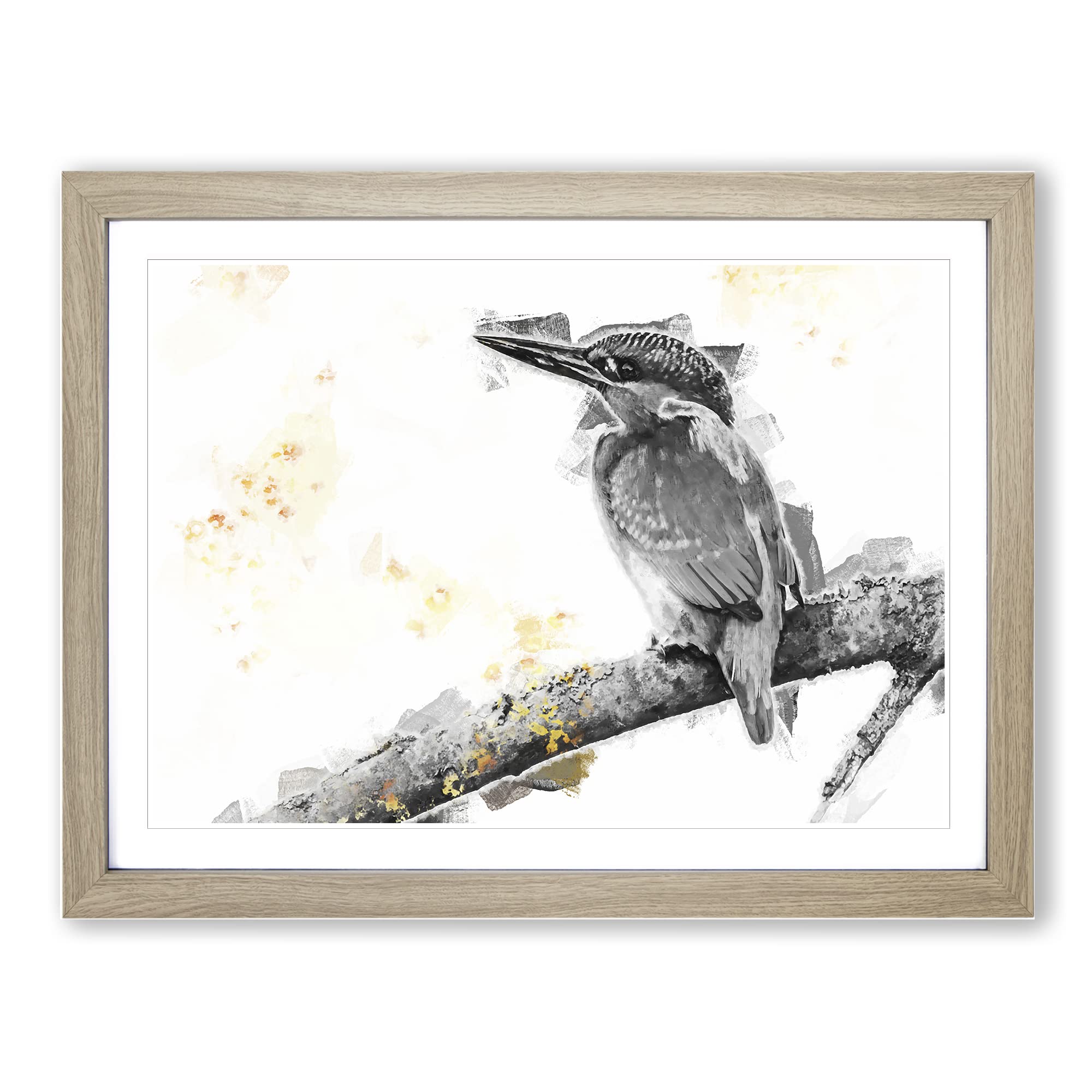 Kingfisher Bird On A Branch In Abstract Modern Art Framed Print | A3 Oak Framed Wall Art | Ready to Hang | Abstract Fantasy Picture | Living Room Bedroom Lounge Office