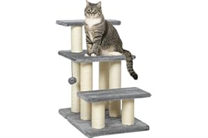 PawHut Cat Stairs with 6 Sisal Scratching Posts, Pet Steps for High Bed Couch Sofa, Adjustable 3 Tier Dog Stairs for Small Pe