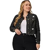 Agnes Orinda Women's Plus Size Denim Jackets Washed Button Front Long Sleeve Ripped Frayed Crop Denim Jacket
