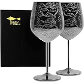 Sky Fish Stainless Steel Wine Glasses With Black Plated,etched with intricate and authentic baroque engravings,Royal style wine goblets,Set of 2(17oz)