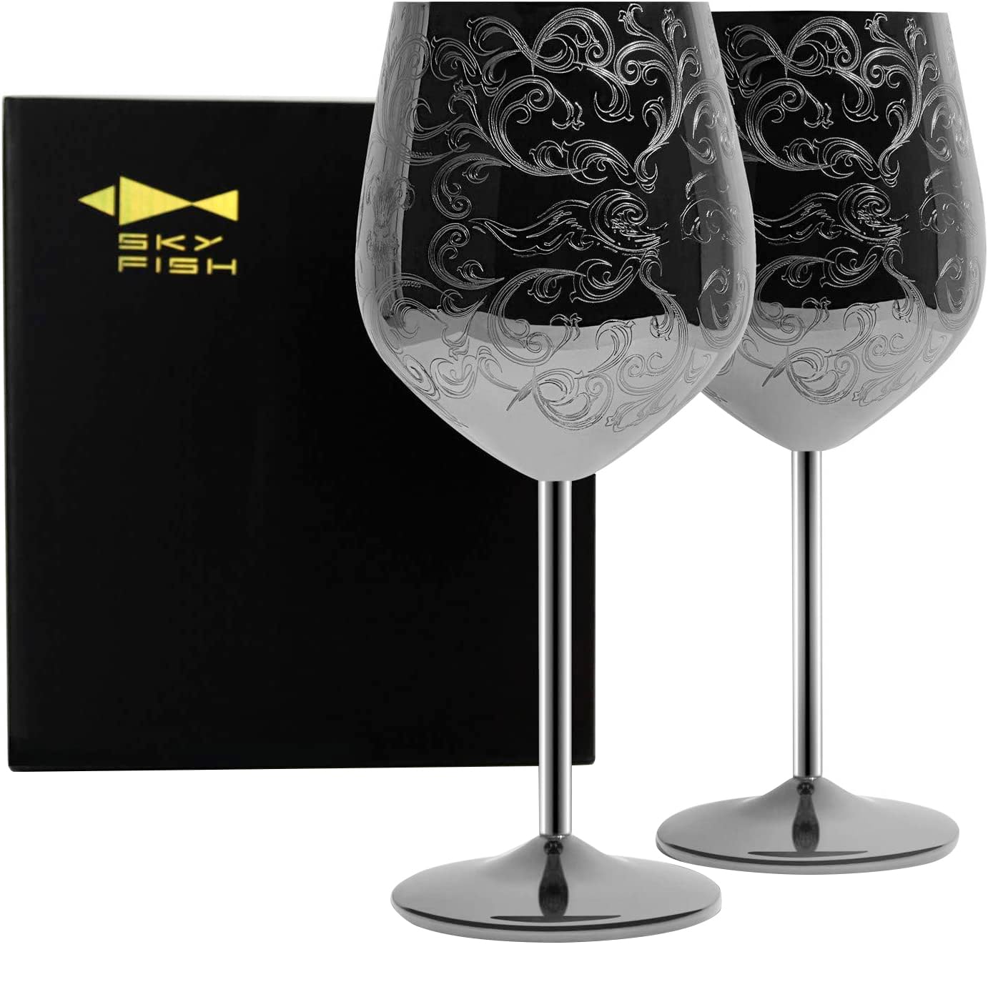 SKY FISH Stainless Steel Wine Glasses, 480 ml Luxury Wine Goblets Set of 2, Vintage Style Red Wine Cups, Hand Wash (Black)