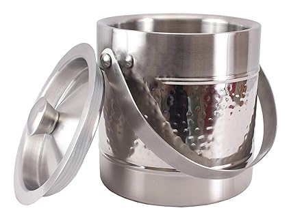 King International Hammered Double Walled Stainless Steel Insulated Ice Bucket With Lid and Ice Tong [1.75 Liter] | Keeps Ice Cold For 6 h with Handle | Great bar tools For home bar accessories, mini bar, Wine
