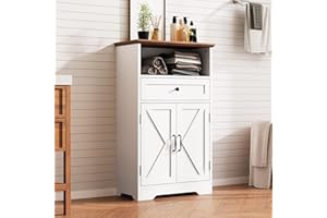Viroformo Floor Cabinet, Farmhouse Storage Cabinet with Barn Doors and Drawer, 11.81" D x 23.62" W x 39.37" H White Freestanding Adjustable Shelf Organizer for Bathroom, Kitchen, Living Room