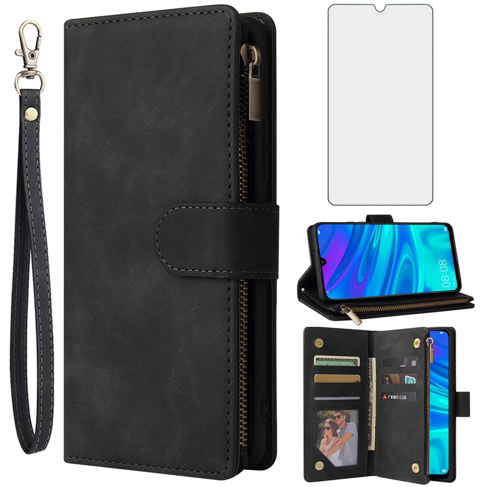 Asuwish Compatible with Huawei P Smart 2019/Honor 10 Lite Wallet Case Tempered Glass Screen Protector and Leather Flip Cover Card Holder Stand Cell Phone Cases for Hawaii PSmart 2019 Women Men Black