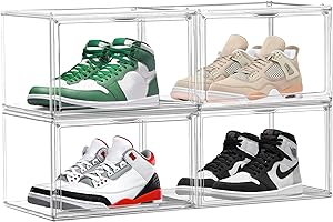 EZJOB 4 Pack Clear Shoe Storage Boxes Stackable Shoes Organizer Acylic Boots Sneaker Display Case with Magnetic Lid,Size14
