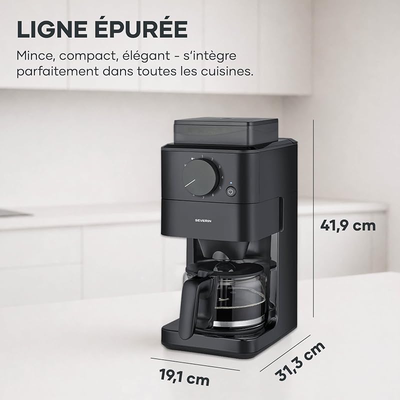 - Machine à café filtre avec broyeur intégré pour café en grains ou moulu + réglage de la mouture, Cafetière filtre avec carafe verre 10 tasses, cuillère, filtre permanent, noir, KA 9215