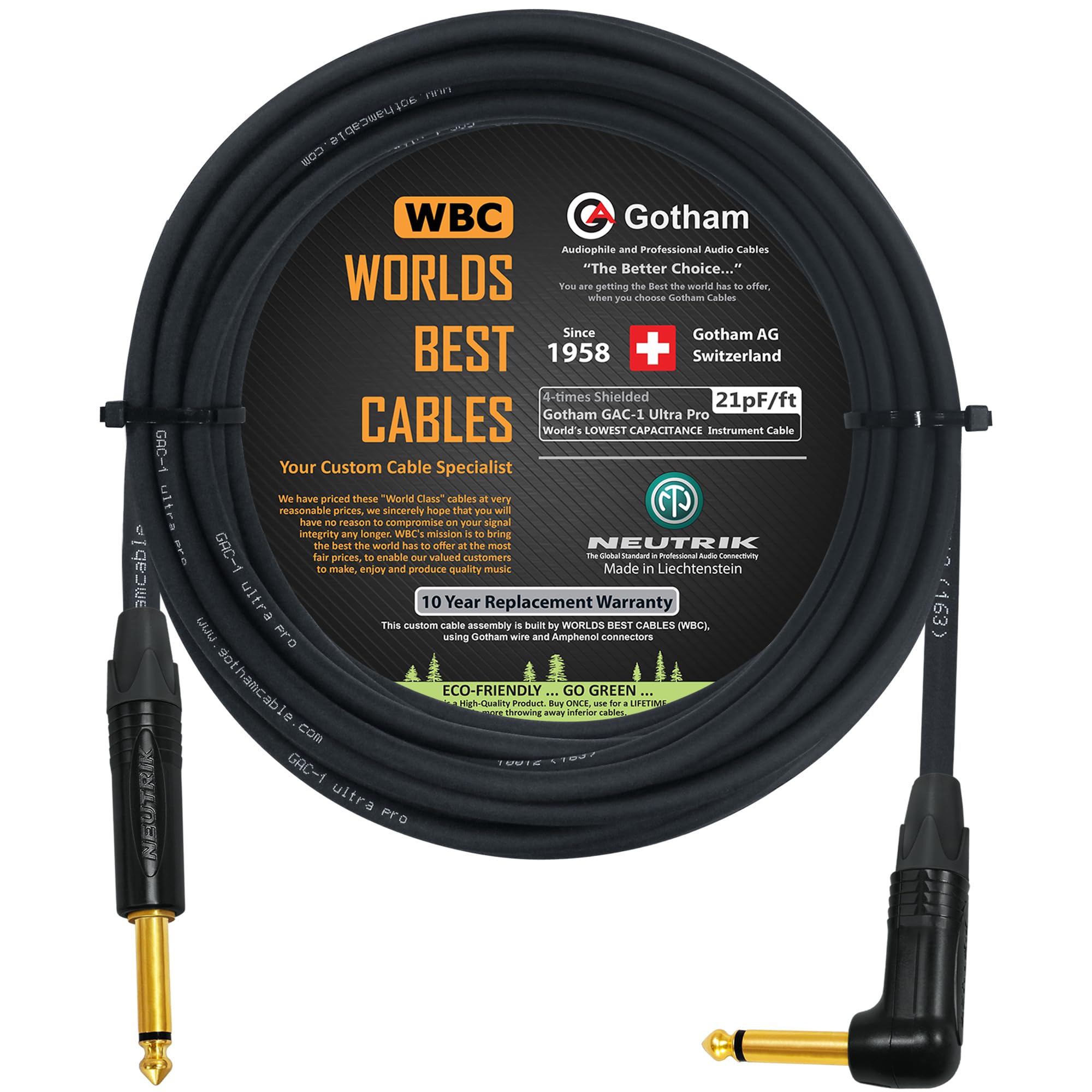 WORLDS BEST CABLES 8 Meter - Gotham GAC-1 Ultra Pro - Premium, Low-Capacitance (21 pf/Ft) Guitar Bass Instrument Cable - with Straight to Angled 6.35mm Neutrik Gold Plated TS Connectors