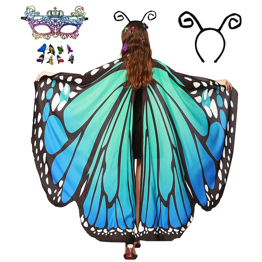 HAPNBCELE Womens Butterfly Wings Costume, Butterfly Cape 11PCS with Lace Masks Hair Clips Halloween Christmas Fairy Cosplay (Lake Blue, 165 x 135cm)