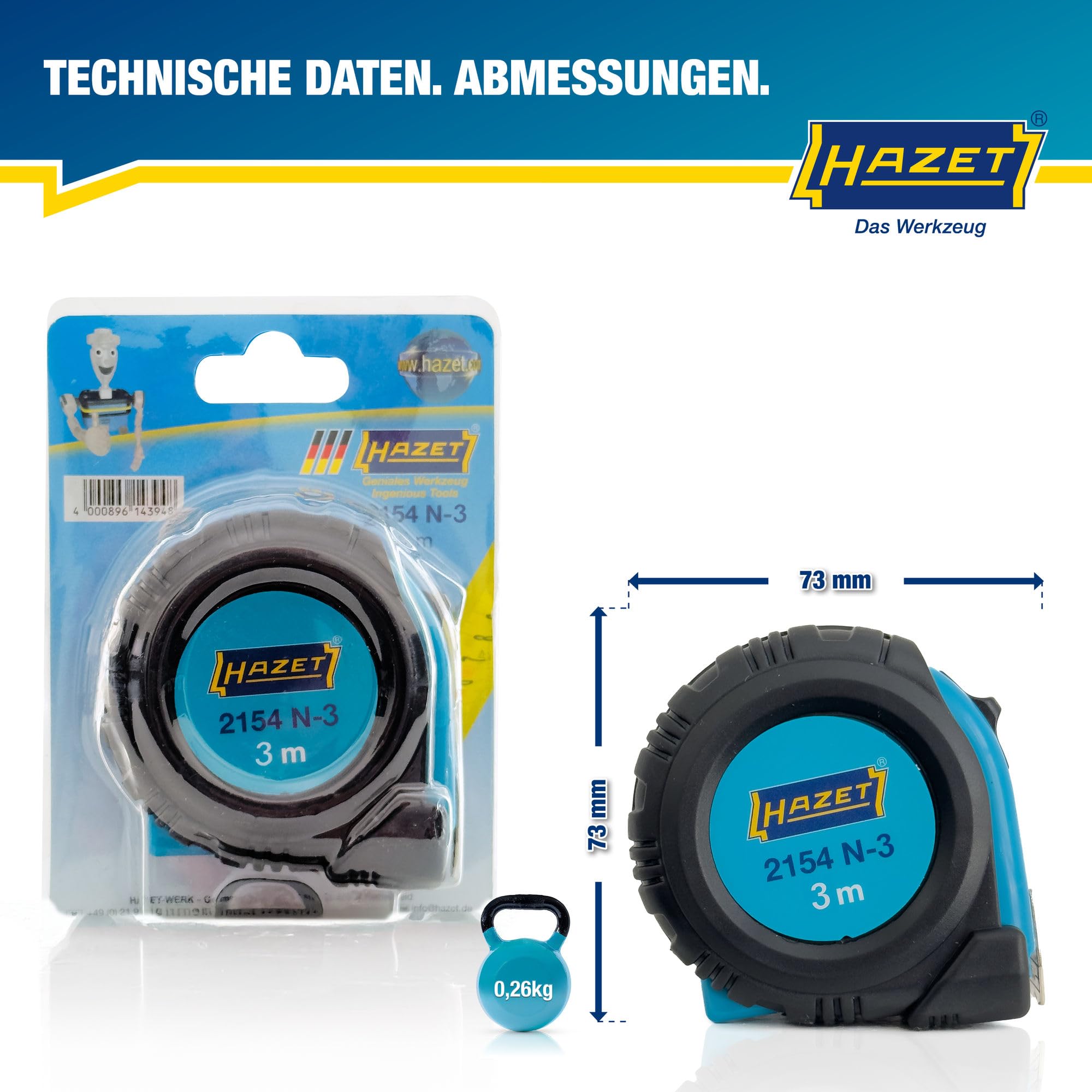 HAZET Maßband 2154N-3 | 3 Meter, reduziertes Abknickverhalten und widerstandsfähige Beschichtung, automatisches Einziehen durch Qualitätsfeder und doppelte Bandmaß Beschriftung 6
