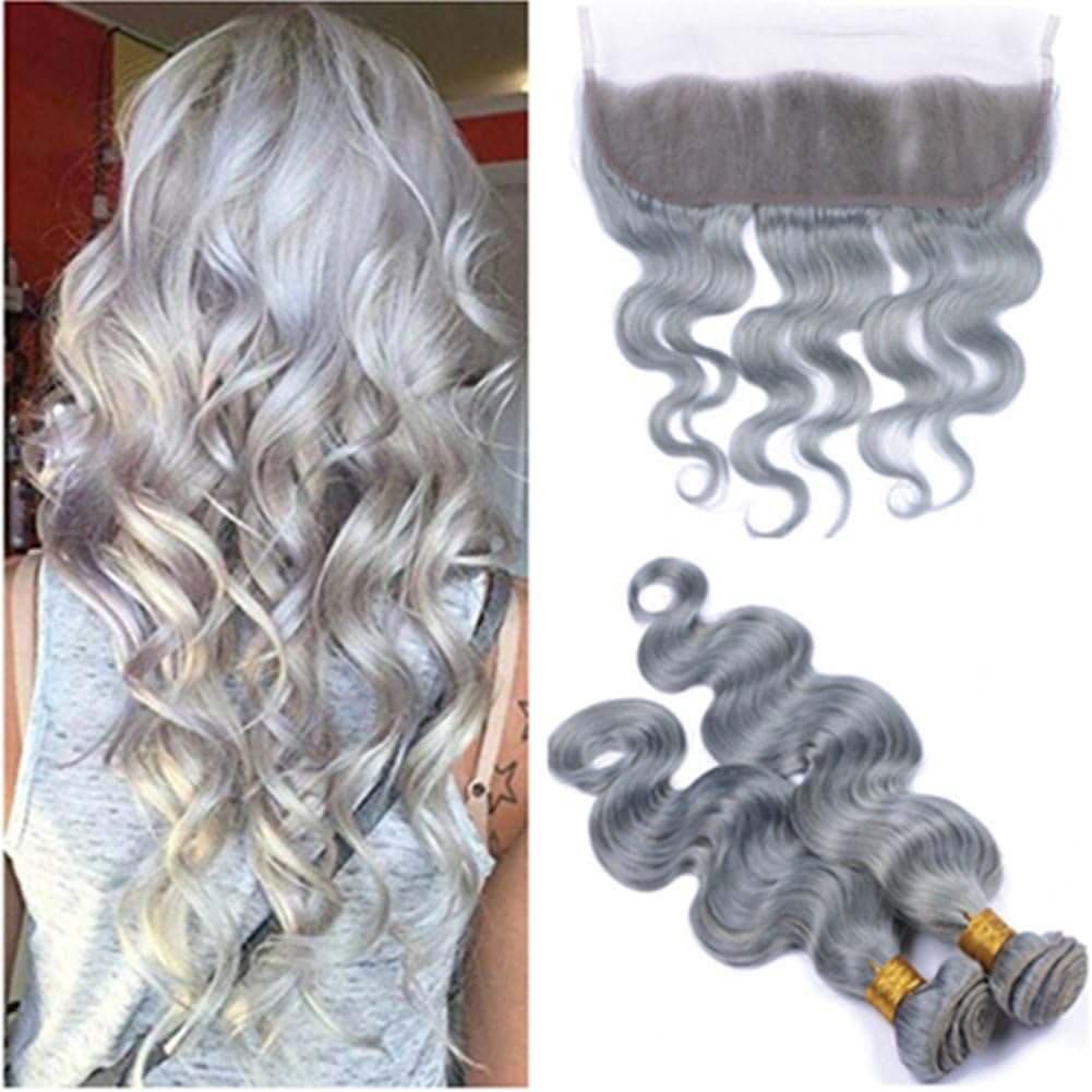 Tony Beauty Hair Silver Gray Human Hair Virgin Brazilian Hair Weaves 2 Bundles with Full Lace Frontal Body Wave Colored Grey Human Hair Bundle Deals with Lace Frontal 13x4 (28 30+24)