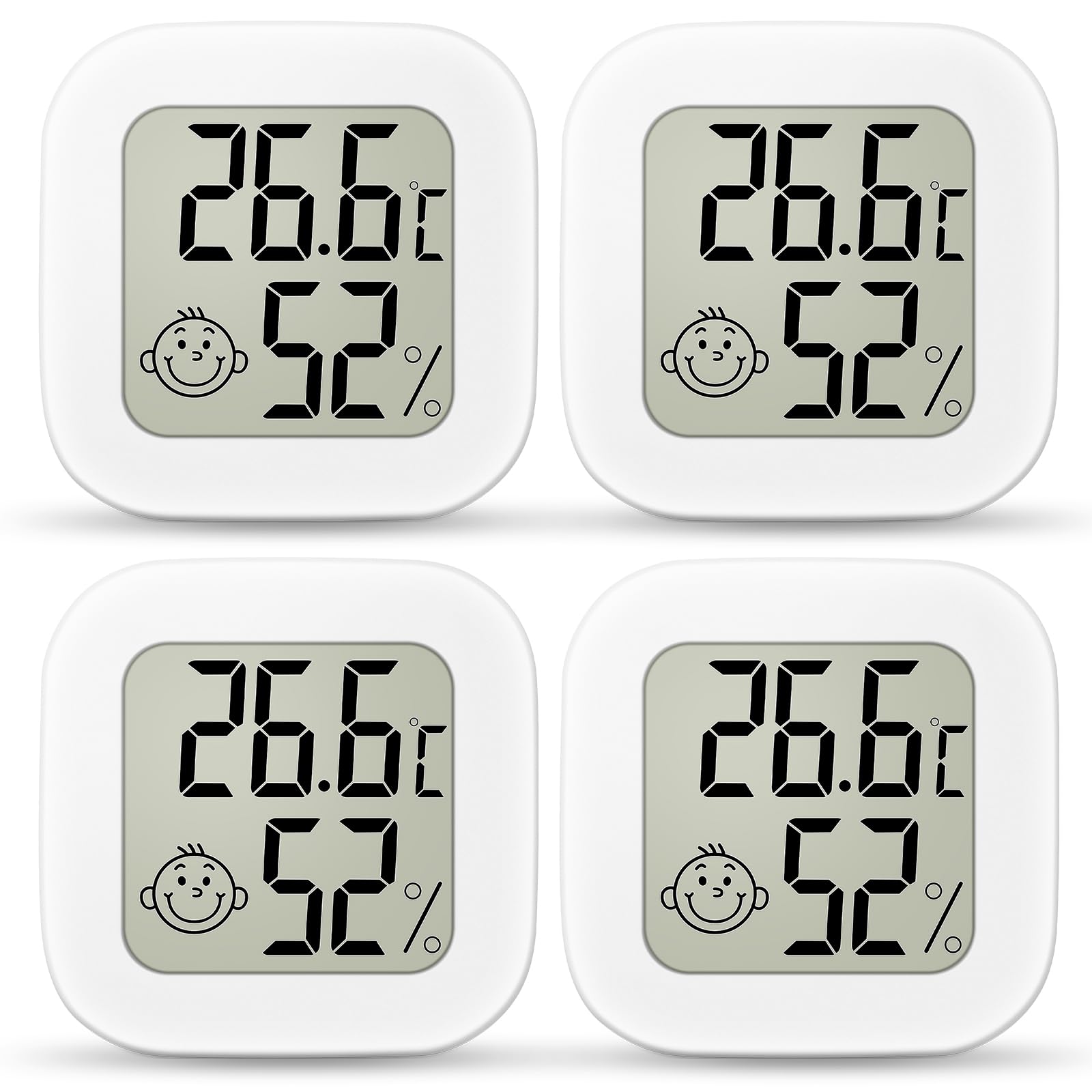 Ainiv 4PCS Digital Hygrometer Indoor Thermometer, Mini Room Thermometer with LCD Display and Face Lcons, Humidity Gauge with Temperature Humidity Monitor for Bedroom, Baby Room, Warehouse, Cellar, Car