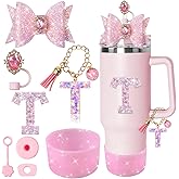 XIANGYUAN 8PCS Pink Bling Accessories Set for Stanley Cup 30oz 40oz Tumbler with Handle,Including Silicone Straw Topper Cover Cap,Spill Proof Stopper,Handle Charm for Stanley Tumbler (Pink T)