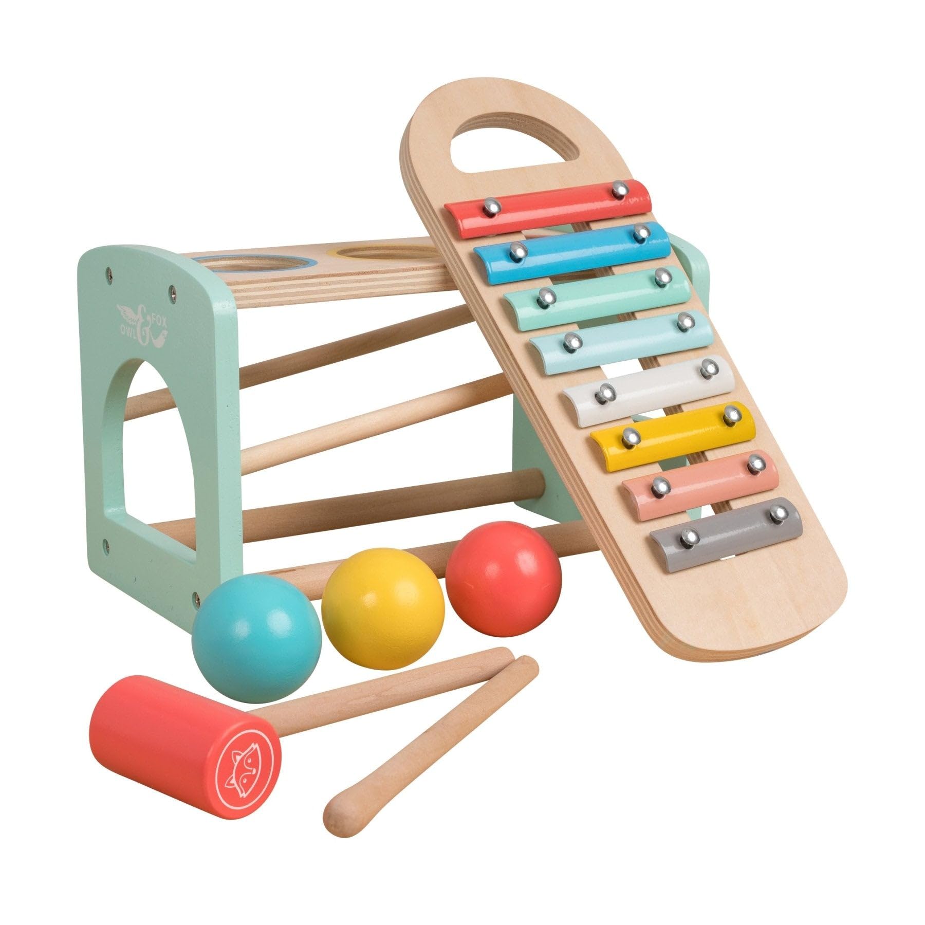Owl & Fox Wooden Xylophone Bench with Coloured Balls & Hammer, Baby and Toddler Musical Instrument Toys. Interactive Play for Ages 1 year and Above, Traditional Wooden Toys