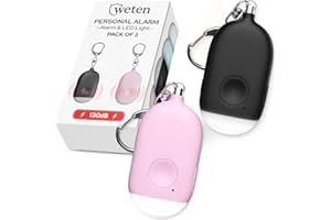 Weten Rechargeable Personal Alarm Keychain - 130dB Siren & LED Light - 2 Pack Personal Safety Alert for Women to Carry - Panic Button Alarm for Security - Rape Whistle for Self Defense (Black&Pink)
