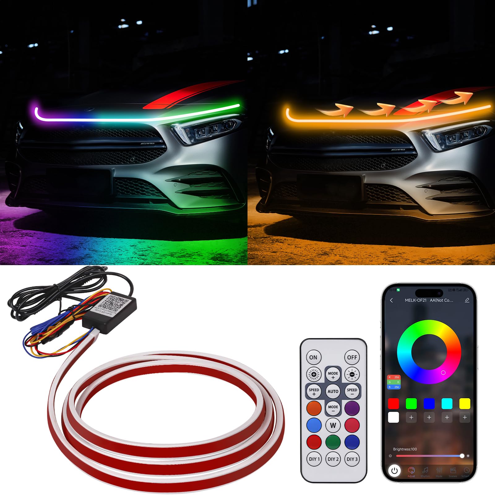 Photo 1 of HConce 71 Inches RGB Multicolor Dynamic Scanning Starter Hood Lights, Car LED Hood Light Strip, Exterior Flexible Headlight Waterproof Daytime Running Lamps Strips (1 Set)