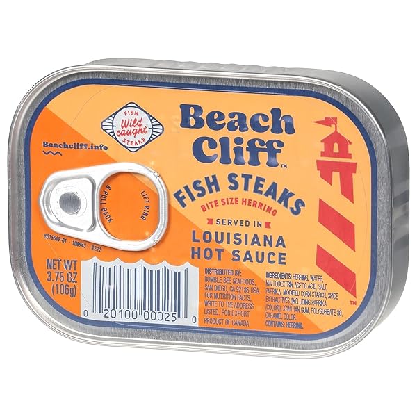 BEACH CLIFF WILD CAUGHT HERRING FISH STEAKS IN LOUISIANA HOT SAUCE, 3.75 OZ CAN – 14G PROTEIN PER SERVING