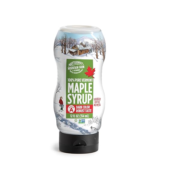 BUTTERNUT MOUNTAIN FARM PURE MAPLE SYRUP FROM VERMONT, GRADE A (PREV. GRADE B), DARK COLOR, ROBUST TASTE, ALL NATURAL, EASY SQUEEZE, 12 FL OZ
