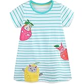 Hongshilian Toddler Girls Cotton Casual Dress Cartoon Print Short Sleeve Dress Girls Summer Sundress 2-7 Years