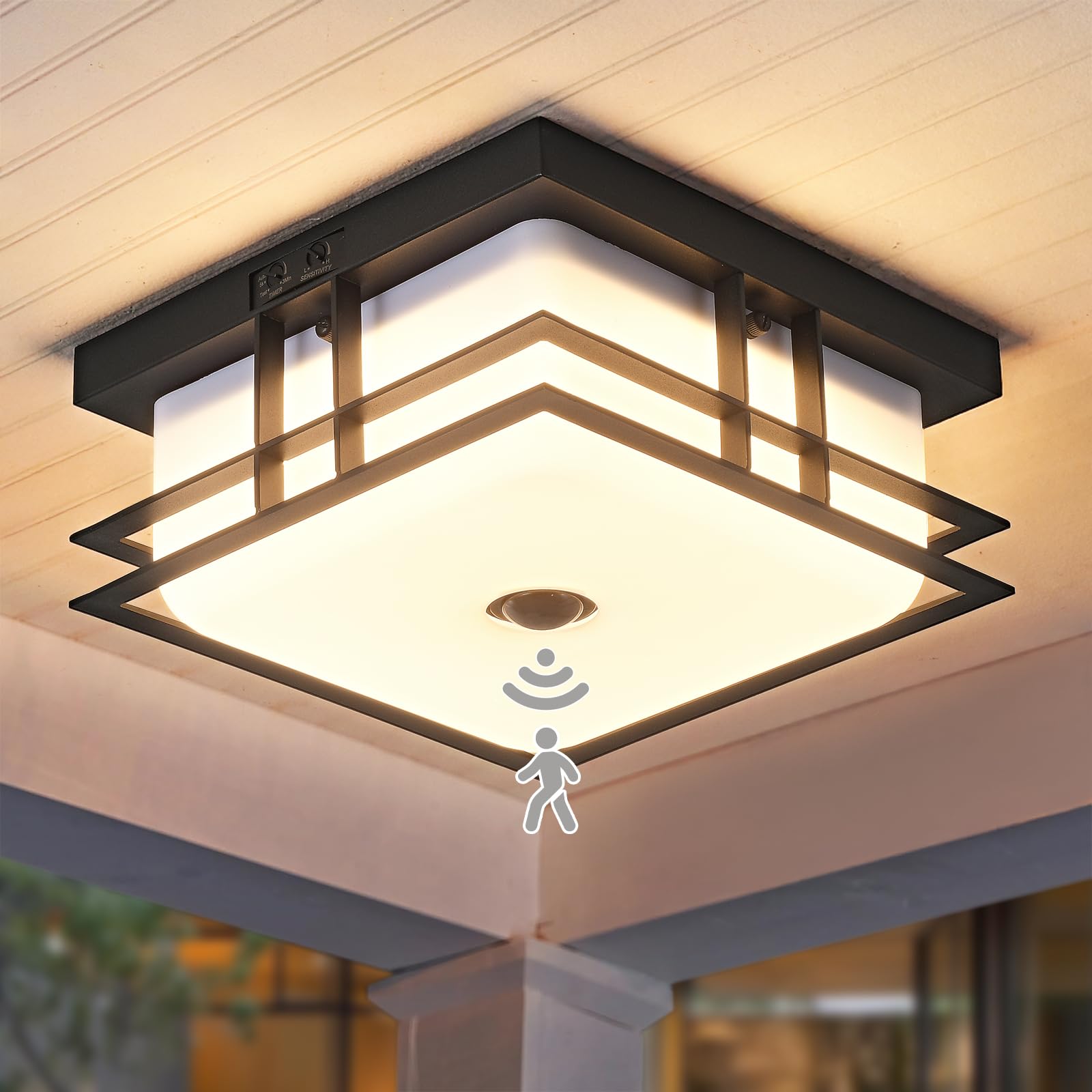 Photo 1 of GAAZIE Motion Sensor Outdoor Ceiling Light Industrial Design with Acrylic Shade for Porch,Patio,Balcony,Garage,24W 5CCT LED Porch Ceiling Light