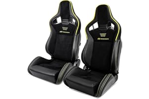 IKON MOTORSPORTS, Universal Racing Seats with Dual Sliders, Reclinable Perforated Black PU Leather & Suede Front Carbon Leather back Yellow Strip Sport Bucket Seats, 1 Pair Driver + Passenger Side