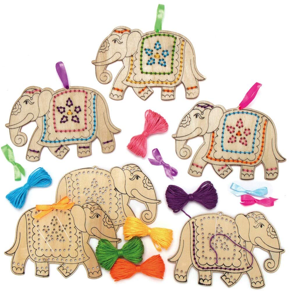 Baker Ross AX335 Ambari Elephant Wooden Threading Kits - Pack of 5, Educational Arts and Crafts for Children, Rangoli, Festival of Lights, Orange, Purple, Green, Pink, Yellow, Blue, Brown