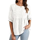LYANER Women's Floral Textured Crewneck Peplum Ruched Puff Half Sleeve Casual Blouse Tops