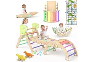 KidsBuddy Pikler Triangle Set with Cushion 9 in 1 Climbing Toys for Toddlers 1-3 Indoor Baby Climbing Gym Toddler Montessori Toys Wooden Climbing Toys with Maze Toys, Shape Sorting Toys, Dinosaur Car