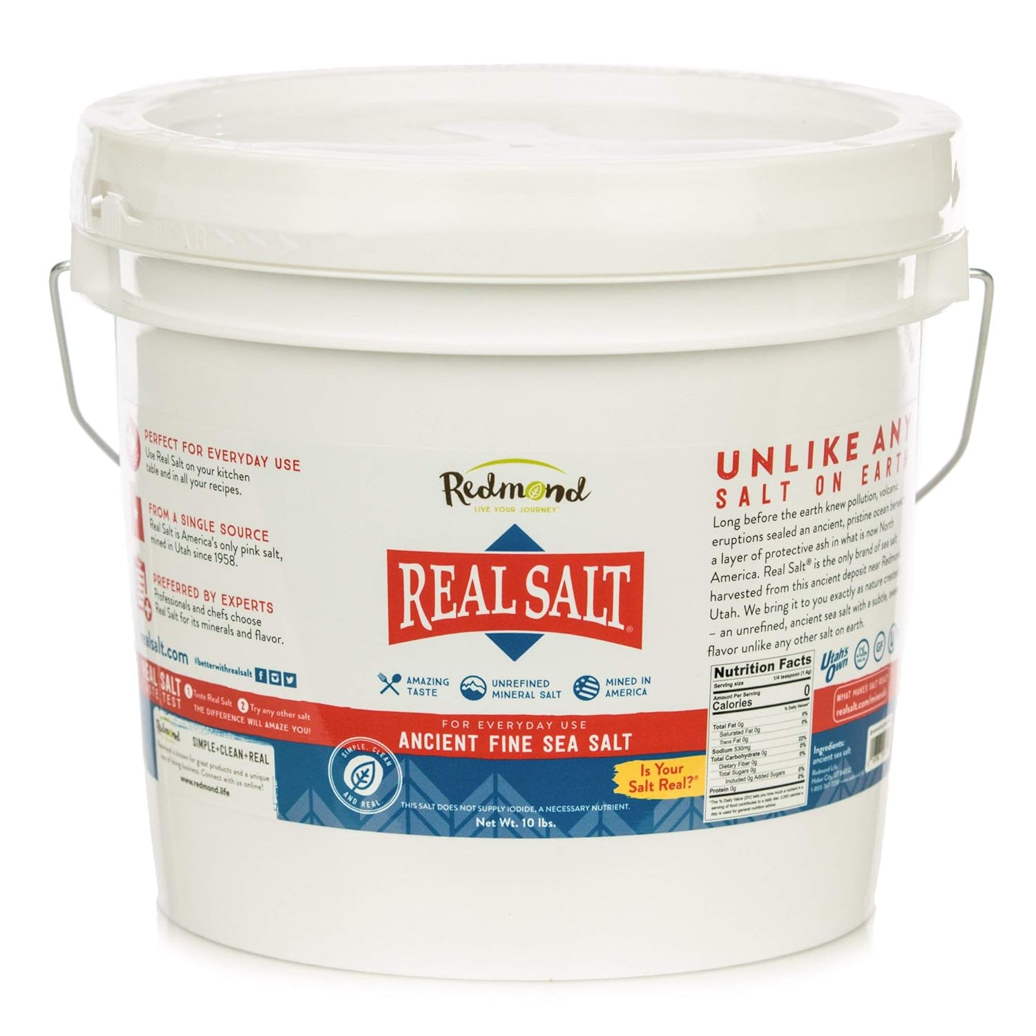 Redmond Real Salt, Nature's First Sea Salt, Fine Salt, 10 Pound Bucket : Grocery & Gourmet Food