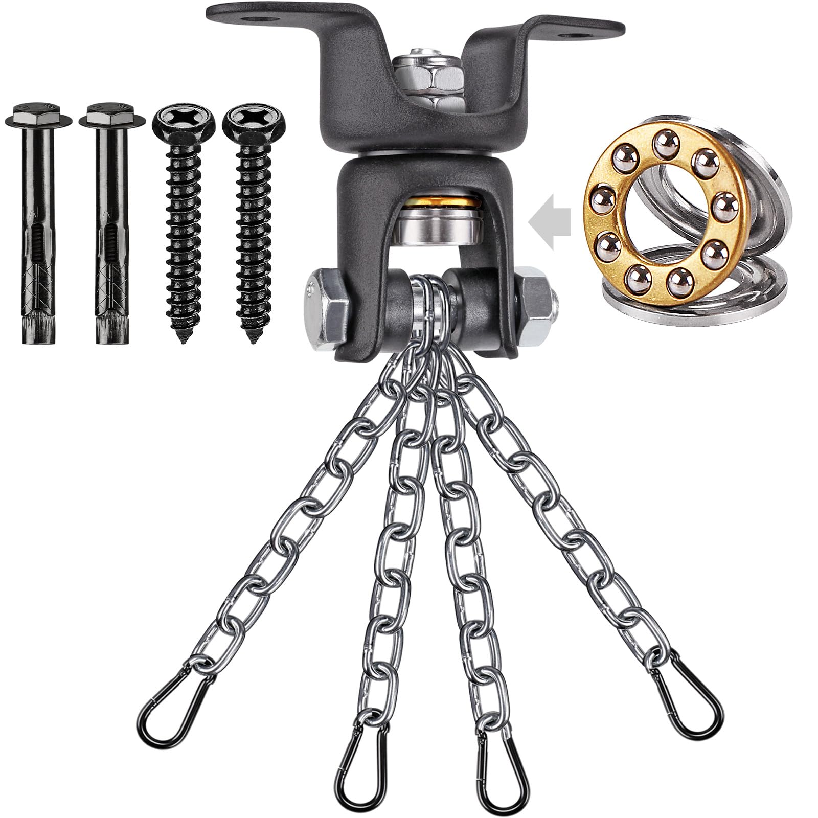 BeneLabel Swing Hanger Bearing, Heavy Duty Hammock Chair Hook 360 Swivel Punching Bag Ceiling Bracket Carabiner with 4 x 26cm Silver Chains Yoga Rope/Aerail Hoop/Boxing Suspension Kit, 600lbs